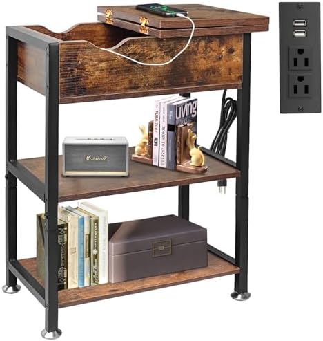 Flip Top End Table with Hidden Charging Station, 12" D x 21" W x 26" H