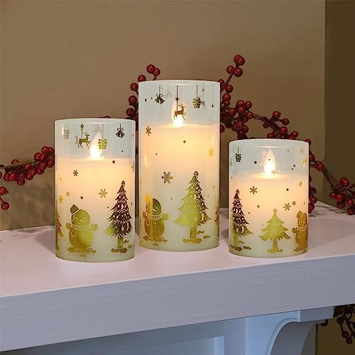 Gold Snowman Glass Flameless Candle Battery Operated Remote Timer