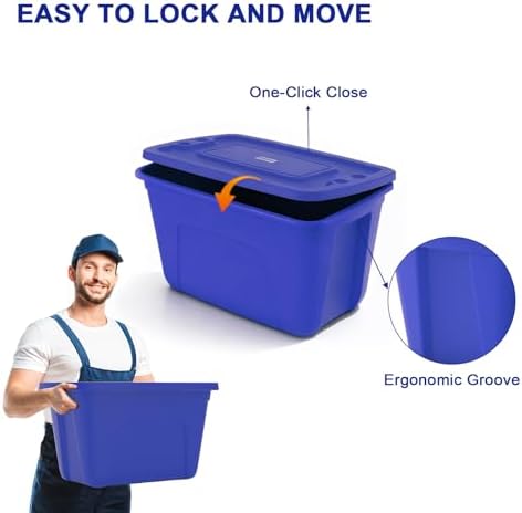 SIMPLYKLEEN Storage Bins with Lids - Made in USA 18-Gallon (72-Quart) 4-Pack Storage Totes with Lids, Plastic Stackable Containers Large Storage Boxes for Home and Office Organization Blue/Blue
