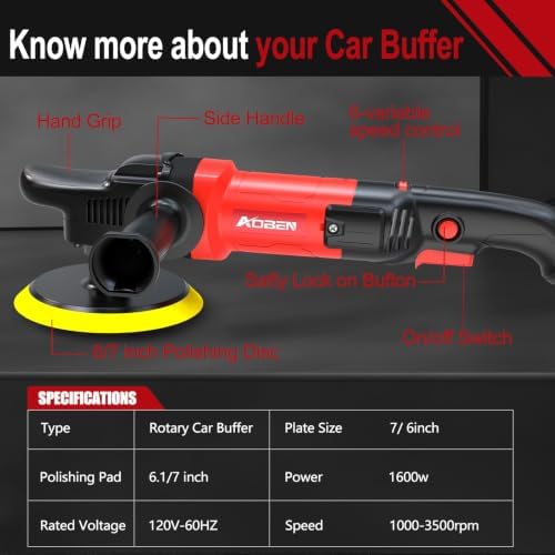 AOBEN Car Buffer Polisher,Rotary Polisher,1600W Car Polisher Waxer with 6 Variable Speed,with Foam/Wool Pads & Sandpaper for Polishing, Waxing, Scratch Removal