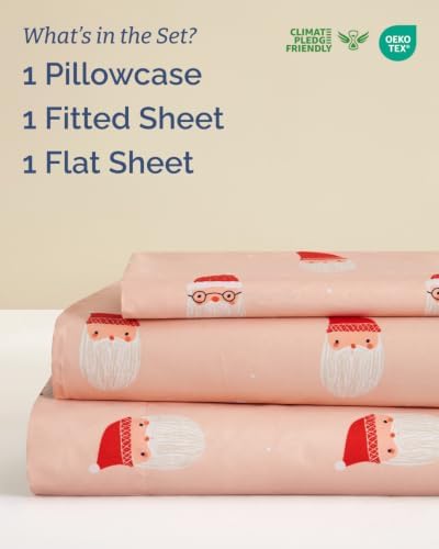 Christmas Sheet Set, Blush Santas, Holiday Xmas Bedding Set - Twin Size