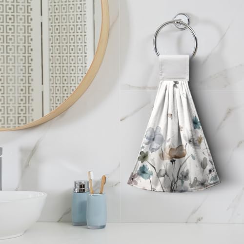 Watercolor Floral Hanging Kitchen Towels Set of 2 Spring Summer Grey Flowers Hand Towel with Hanging Loop Wildflower Daisy Dish Towel Soft Absorbent Bath Tie Towel for Bathroom Farmhouse