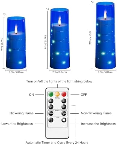 kakoya Flameless LED Candles with Timer 9 Pc Flickering Flameless Candles for Romantic Ambiance and Home Decoration Stable Acrylic Shell,with Embedded Star String，Battery Operated Candles（Blue）