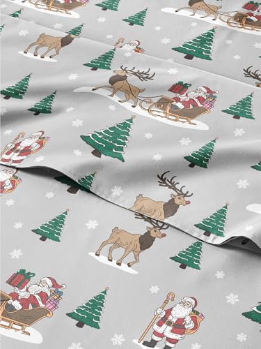 Christmas Sheet Set, Santa’s Sleigh, Holiday Xmas Bedding Set - Queen Size
