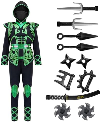 Spooktacular Creations Green Ninja Costume Set, Ninja Jumpsuit with Foam Accessories for Boys Halloween Outfit for Ideas Cosplay Party (S, 5-7 yrs)