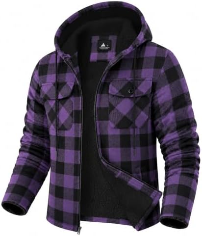 GEEK LIGHTING Men's Flannel Shirts Jacket Sherpa Lined Plaid Zipper Hoodie