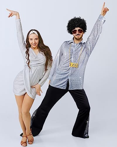 Mepase 6 Pcs Men 70s Disco Outfit Bell Bottom Pants Wig