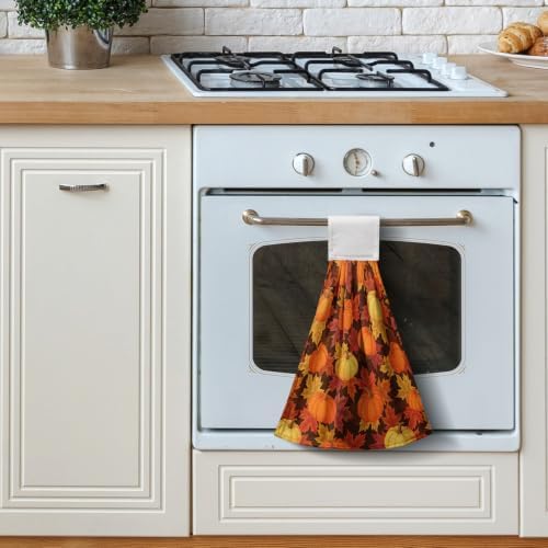 Set of 2 Fall Pumpkin Maple Leaf Hanging Kitchen Towels Thanksgiving Autumn Harvest Hand Tie Towel with Hanging Loops Dish Towels Washcloth Soft Absorbent Bath Hand Towel