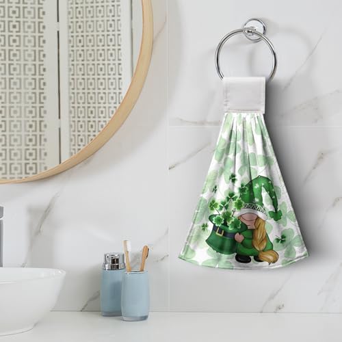 St Patricks Day Gnomes Hanging Kitchen Towels Set of 2 Spring Lucky Shamrocks Hand Towel with Hanging Loop Irish Green Dish Towel Soft Absorbent Bath Tie Towel for Bathroom Farmhouse