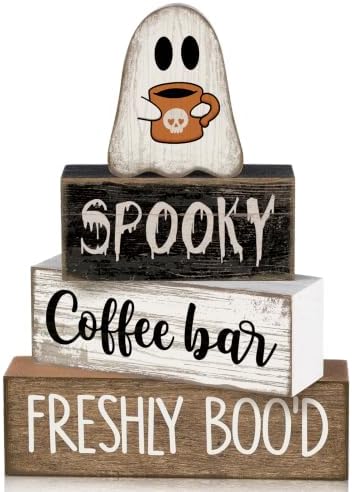 Lineshading 4 Pcs Halloween Coffee Bar Decor Wooden Ghost Block Signs