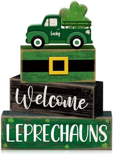 Lineshading 4 Pcs Wooden Leprechaun Block Signs Tiered Tray Decor