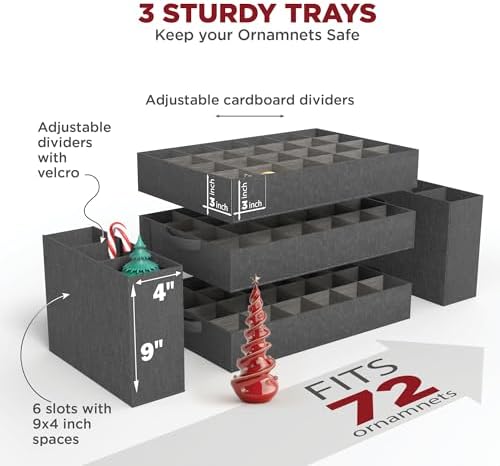 Premium Christmas Ornament Storage Box – Holds up to 72-3” Ornaments + 6 Side Slots for Figurines & Nutcrackers – Holiday Decoration Organizer – Durable 600D Red Canvas