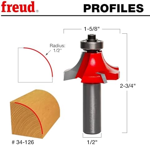 Freud Quadra-Cut Radius Rounding Over Bit with Perma-Shield Coating for Flawless Finish - 4 Cutters, 1/2" Shank Dia., 1/2" Radius, 2-3/4" Length - 34-126