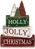 Moucuny 4 Pcs Christmas Table Decor, Jolly Christmas Tree Wooden Signs