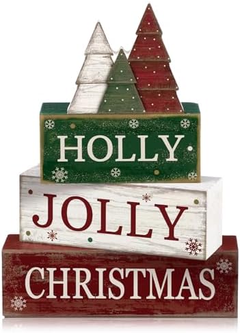 Moucuny 4 Pcs Christmas Table Decor, Jolly Christmas Tree Wooden Signs