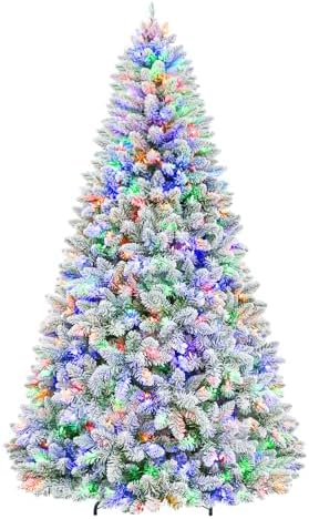 Hykolity 6ft Pre-lit Artificial Christmas Tree with 250 Multicolor LED Lights, 10-Mode Snow Flocked Christmas Tree with 1032 PVC Tips, Metal Stand & Hinged Branches for Holiday