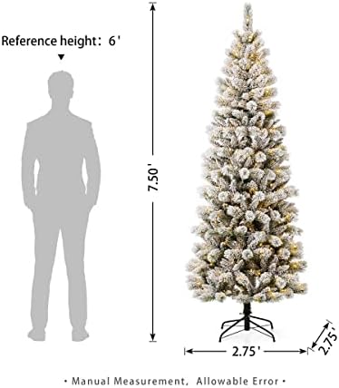 Glitzhome 7.5ft Prelit Christmas Tree, Flocked Artificial Christmas Tree, Pencil Christmas Tree Portland Snowy Pine with 300 Warm White/Multi-Color Lights, 9 Functional, Remote Controller