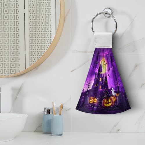 Halloween Haunted Castle Kitchen Hanging Towels Full Moon Pumpkin Ghost Witch Hand Tie Towel with Hanging Loops Dish Towels Washcloth Soft Absorbent for Bathroom Set of 2