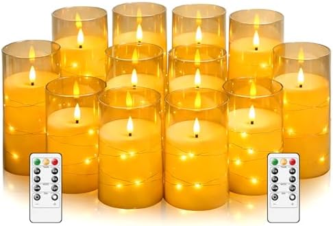 kakoya Flameless LED Candles with Timer 12 Pc Flickering Flameless Candles for Romantic Ambiance and Home Decoration Stable Acrylic Shell,with Embedded Star String，Battery Operated Candles(Gold)
