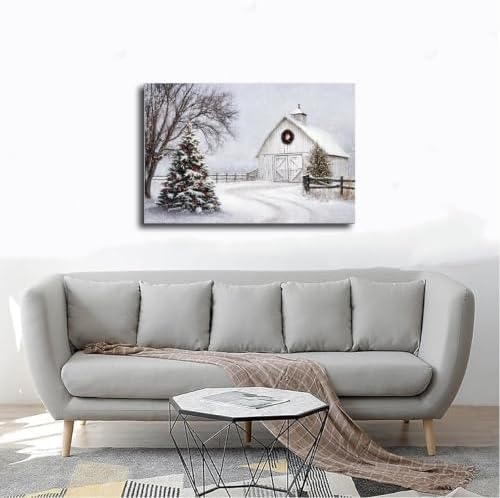 JDBeehpy Winter White Barn Christmas Tree Canvas Wall Art Framed 16x24inch