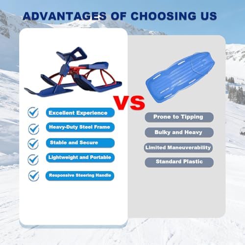Ski Sled Slider Board/Snow Racer Sled with Steering Handle with Responsive Steering & Shock-Absorbing Column, Heavy Duty Long-Lasting Steel Frame Snow Sled for Kids A