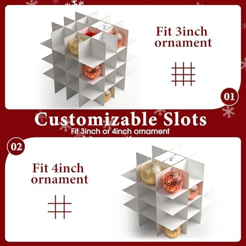 BlessedSeason Christmas Ornament Storage Box with Adjustable Dividers, Store up to 64 3-inch or 36 4-inch Christmas Ornaments, Plastic Xmas Storage with Zippered Closure & Two Handles