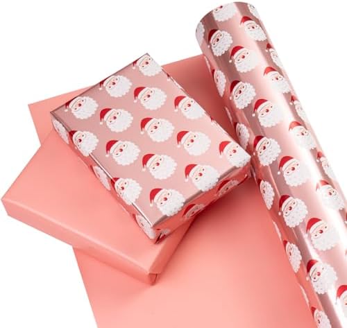 WRAPAHOLIC 30 Inch Jumbo Reversible Christmas Wrapping Paper - 30 Inch x 100 Feet Jumbo Roll Santa Claus Wrapping Paper and Solid Rose Gold Design with Metallic Foil Shine for Chrsitmas, Holiday