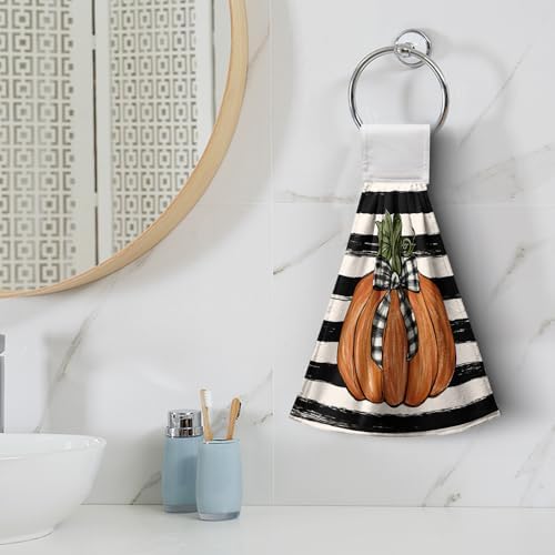 Fall Pumpkin Maple Leaves Kitchen Towels with Hanging Loop Autumn Thanksgiving Stripe Hand Tie Towels Soft Absorbent Fingertip Bath Towel Oven Stove Dish Washcloths Set of 2