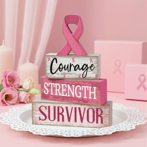 Moucuny 4 Pcs Breast Cancer Awareness Table Decoration Wooden Pink Ribbon
