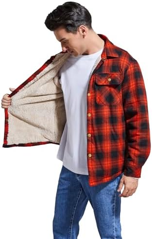 Men's Sherpa Cotton Flannel Shirt Jacket Plaid Button Coat Pocket