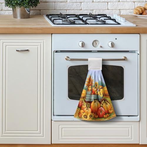Fall Orange Pumpkin Kitchen Hanging Hand Towels Thanksgiving Autumn Sunflower Hand Towels with Loop Harvest Farmhouse Bath Towels Soft Absorbent Fingertip Tie Towel for Bathroom