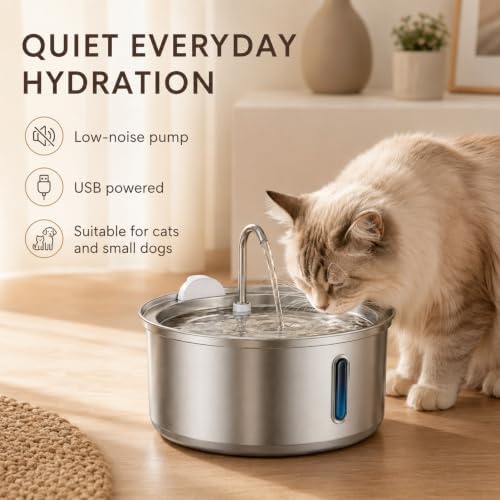 FreshFlow Cat Water Fountain, Stainless Steel Pet Drinking Fountain with Triple Filtration for Cats and Dogs, Automatic Pet Water Fountain，Silver 1.06 GAL
