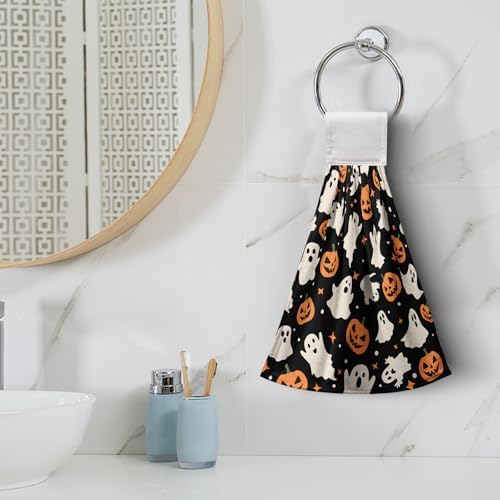 Halloween Ghost Pumpkin Hanging Kitchen Towels Set of 2 Spooky Scary Hand Towels with Hanging Loop Seasonal Holiday Oven Stove Dish Washcloths Soft Absorbent Bath Tie Towel