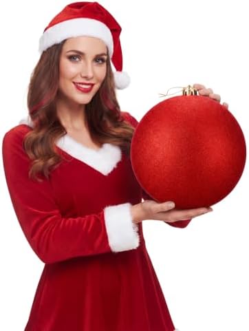 Threan 10 Inch Large Red Glitter Christmas Ball Ornaments