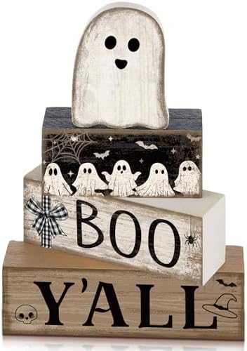 Lineshading 4 Pcs Halloween Table Decoration Wooden Ghost Tiered Tray Decor