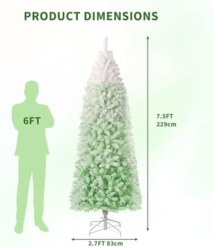 GarveeHome 7.5 ft Prelit Artificial Christmas Tree with RGB & Warm White Lights, Pre-Lit Snow Flocked Pencil Christmas Tree, Foldable Base,Holiday Decoration for Home, Office, Party,Green Gradient