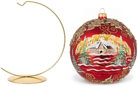 Hand Blown Glass Christmas Ornaments Ball, Gilded Mistletoe Red 8in + Stand