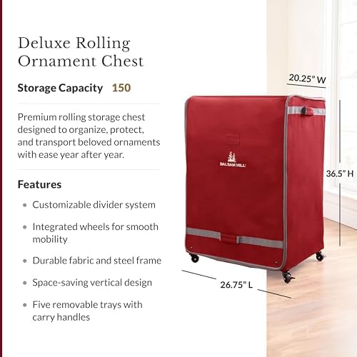 Balsam Hill Deluxe Rolling Ornament Chest - 150pc Christmas Decoration Storage with Dividers & Trays