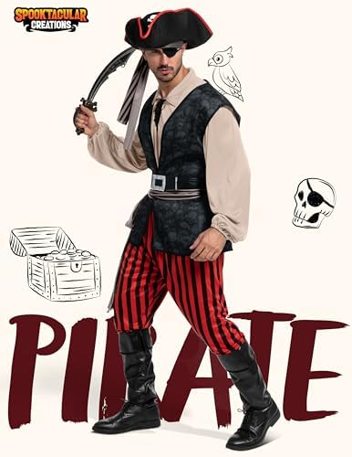 Spooktacular Creations Men Pirate Costume, Adult Pirate Shirt Vest Viking Pants Hat Set for Halloween Themed Parties