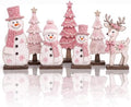 7 Pcs Christmas Table Decor Wooden Snowman Tree Deer Decor, Pink