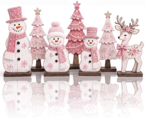 7 Pcs Christmas Table Decor Wooden Snowman Tree Deer Decor, Pink
