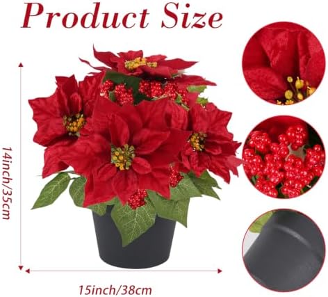 2 PC Poinsettias Artificial Christmas Flowers in Pot Red Faux Plant