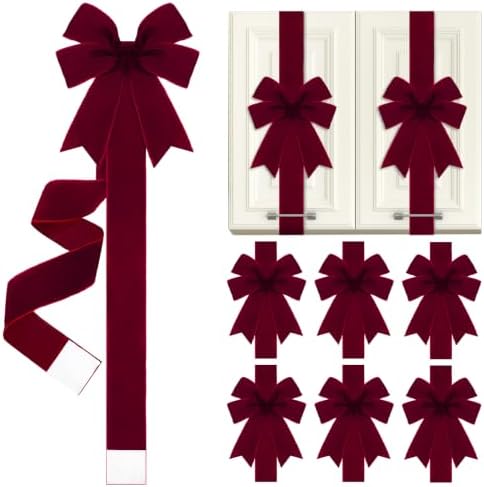 Daifunli 6 Pcs Dark Red Velvet Christmas Cabinet Bows Ribbons for Kitchen