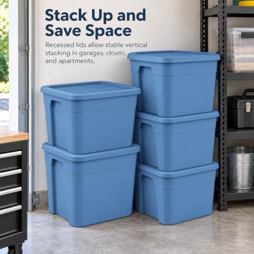 4-Pack 18 Gallon Tote, Stackable Storage Bin with Snap-on Lid, Blue
