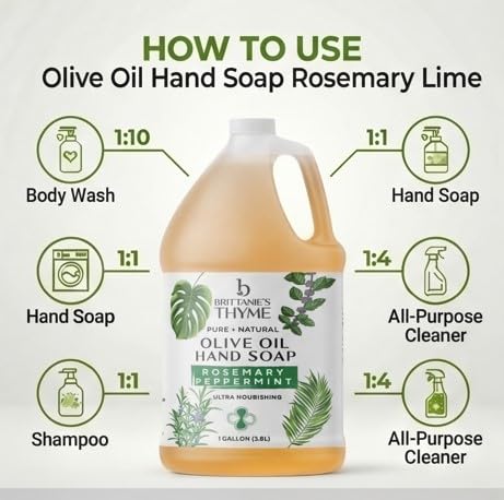 Brittanie's Pure Organic Castile Liquid Olive Oil Soap Refill, Rosemary Peppermint, 1 Gallon | Face, Body Wash, Dishes, Pets & Laundry | Vegan & Gluten Free Non-GMO