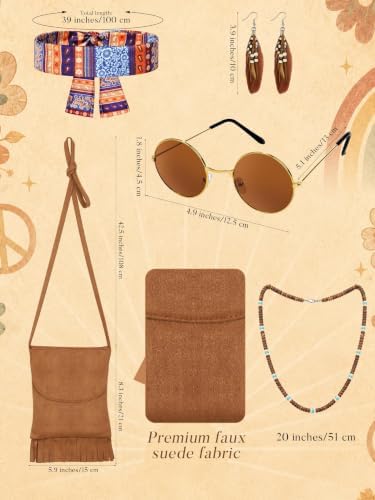 SOMSOC 7 Pieces 60s 70s Women Hippie Costume Fringe Vest Bag Pant Headband for Disco