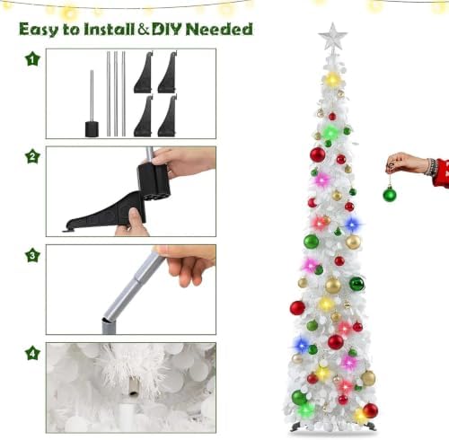N&T NIETING Pop Up Christmas Tree with Lights & Ornaments, 6FT, White