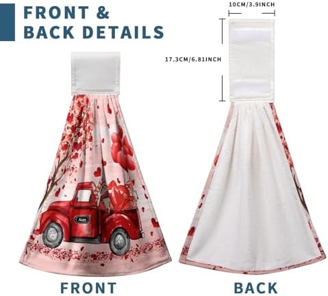 Valentine Hanging Kitchen Towels Red Truck Gnome Love Heart Tree Hand Towel with Hanging Loop Sweet Romantic Dish Tie Towels Bath Towel for Anniversary Wedding Home Decor Set of 2