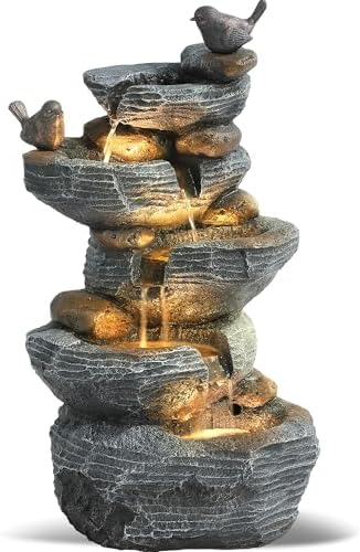 Grepatio Outdoor 5-Tiers Cascading Rock Water Fountain, Waterfall Fountain with 4 LED Lights, Outdoor Fountains and Waterfalls for Garden or Patio, Yard, and Deck Decor with Natural Stone Look