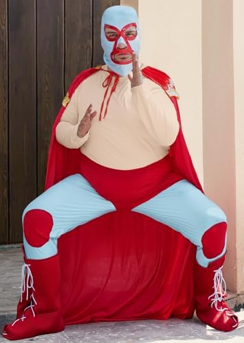 Mainfini 5 Pcs Nacho Libre Costume Adult Men Mexican Wrestler Outfit Funny Tshirt Mask Cape Tights Boot Cover (S-3XL)